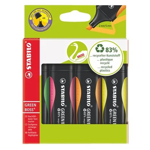 Zvýrazňovač, sada, 2-5 mm, STABILO "Green Boss", 4 rôzne farby