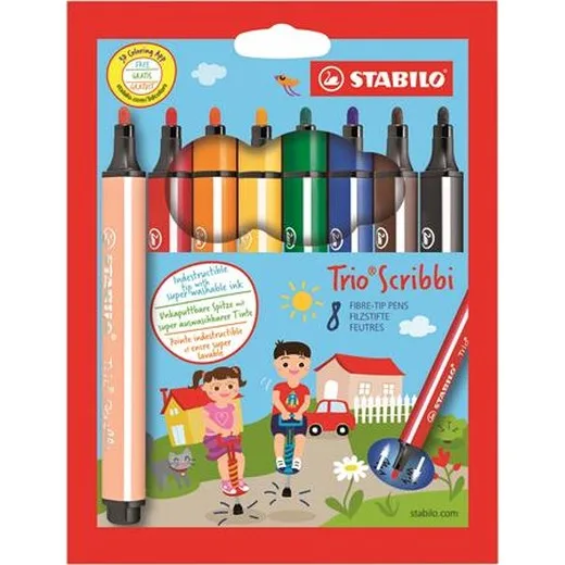 Fixky, 1,5-2 mm, pohyblivý hrot, STABILO "Trio Scribbi", 8 rôznych farieb