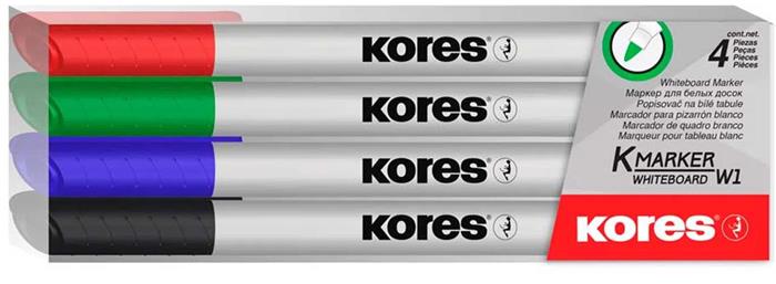 Popisovač na biele a flipchartové tabule, sada, 1-3 mm, kužeľový hrot, KORES "K-Marker W1", 4 rôzne farby
