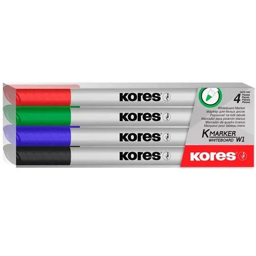 Popisovač na biele a flipchartové tabule, sada, 1-3 mm, kužeľový hrot, KORES "K-Marker W1", 4 rôzne farby