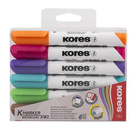 Popisovač na biele a flipchartové tabule, sada, 3 mm, kužeľový hrot, KORES "K-Marker XW1", 6 rôznych farieb