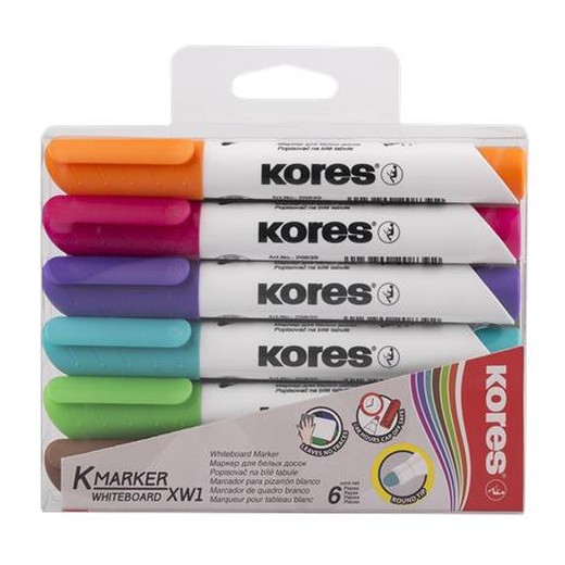 Popisovač na biele a flipchartové tabule, sada, 3 mm, kužeľový hrot, KORES "K-Marker XW1", 6 rôznych farieb