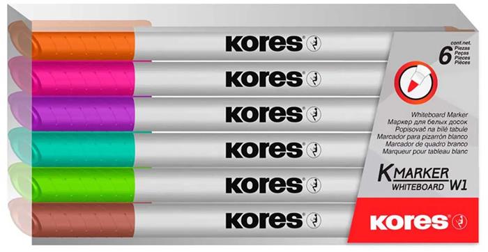 Popisovač na biele a flipchartové tabule, sada, 1-3 mm, kužeľový hrot, KORES "K-Marker W1", 6 rôznych farieb