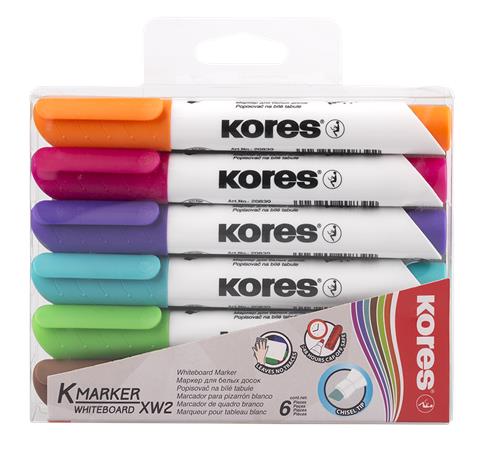 Popisovač na biele a flipchartové tabule, sada, 3-5 mm, zrezaný hrot, KORES "K-Marker XW2", 6 rôznych farieb