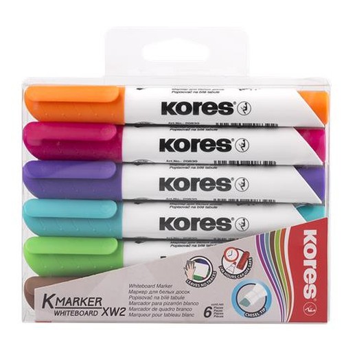 Popisovač na biele a flipchartové tabule, sada, 3-5 mm, zrezaný hrot, KORES "K-Marker XW2", 6 rôznych farieb