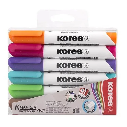 Popisovač na biele a flipchartové tabule, sada, 3-5 mm, zrezaný hrot, KORES "K-Marker XW2", 6 rôznych farieb