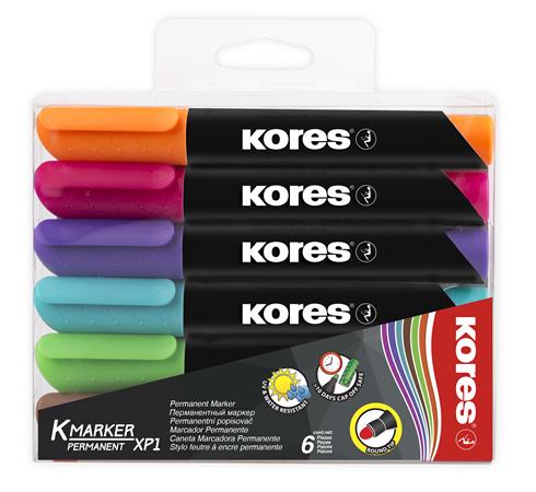 Permanentný popisovač, 3 mm, kužeľový hrot, KORES "K-Marker XP1", 6 rôznych farieb