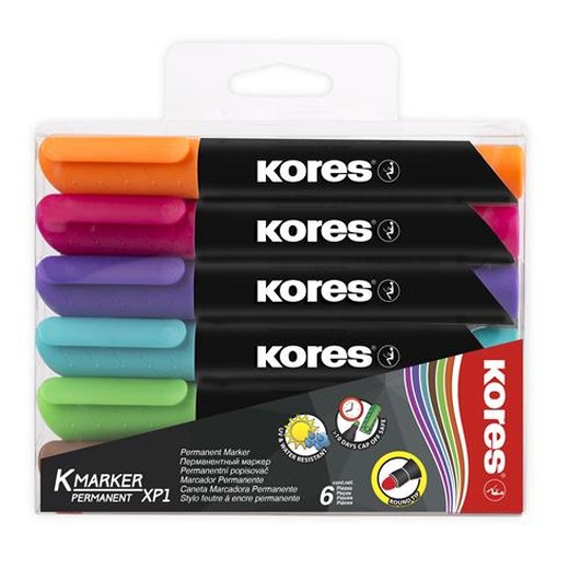 Permanentný popisovač, 3 mm, kužeľový hrot, KORES "K-Marker XP1", 6 rôznych farieb
