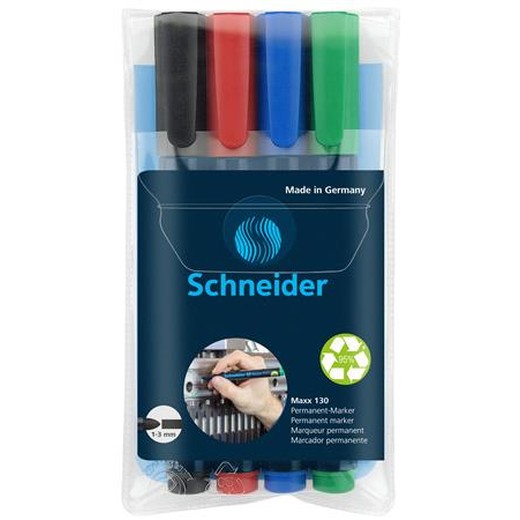 Permanentný popisovač, sada, 1-3 mm, kužeľový hrot, SCHNEIDER "Maxx 130", 4 rôzne farby