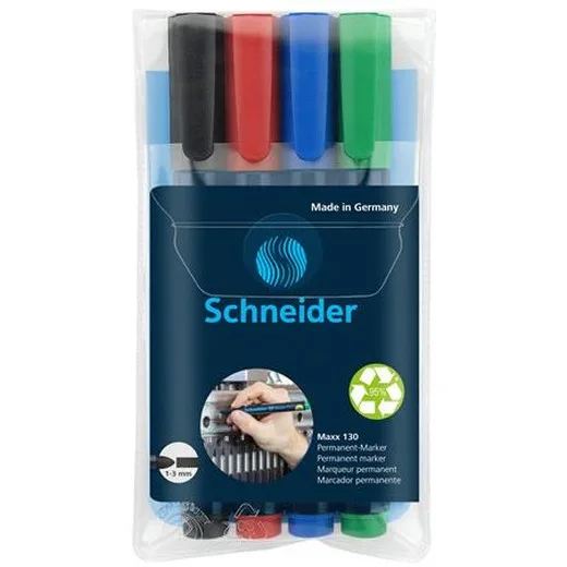 Permanentný popisovač, sada, 1-3 mm, kužeľový hrot, SCHNEIDER "Maxx 130", 4 rôzne farby