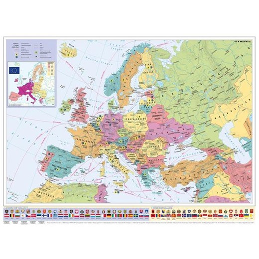 Nástenná mapa, 70x100cm, kovová lišta, Európske krajiny a Európska únia, STIEFEL- výrobok v MJ
