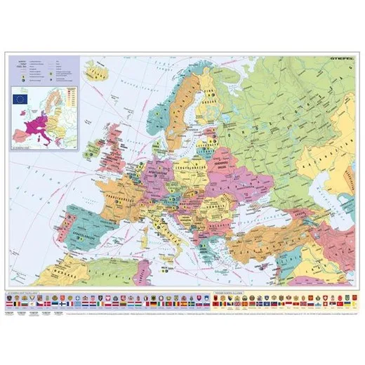 Nástenná mapa, 70x100cm, kovová lišta, Európske krajiny a Európska únia, STIEFEL- výrobok v MJ