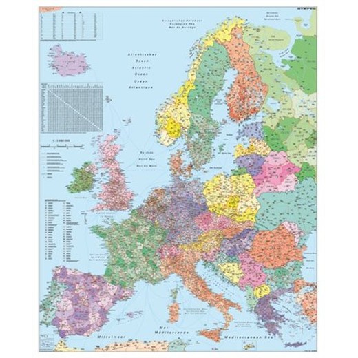 Nástenná mapa, 100x140 cm, kovová lišta, Európa, smerové čísla, STIEFEL - výrobok v AJ a NJ