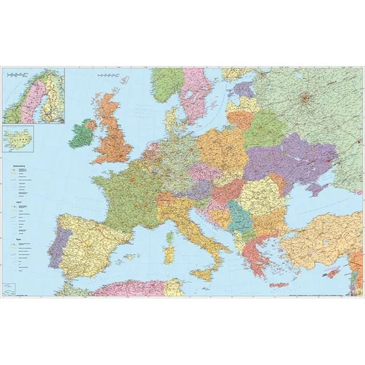Nástenná mapa, 136x90 cm, kovová lišta, cestná mapa Európy, STIEFEL - výrobok v AJ a NJ