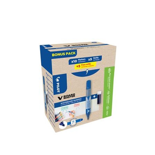 Popisovač na tabule, 2,3 mm, kužeľový hrot, PILOT "V-Board Master, Bonus Pack", modrá + náplň