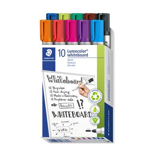 Popisovač na tabule, sada, 2mm, kužeľovitý,STAEDTLER "Lumocolor 351", 10 rôznych farieb