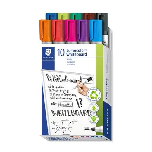 Popisovač na tabule, sada, 2mm, kužeľovitý,STAEDTLER "Lumocolor 351", 10 rôznych farieb