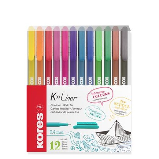 Liner, sada, 0,4 mm, KORES "K-Liner", 12 rôznych farieb