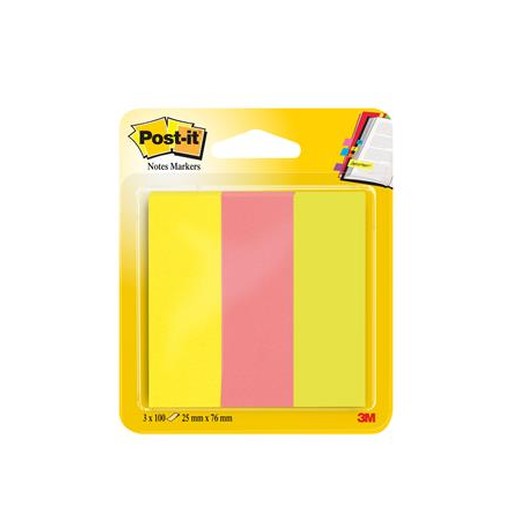 Záložky, papierové, 3x100 listov, 25x76 mm, 3M POSTIT, mix neónových farieb