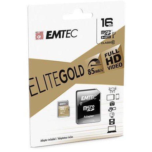 Pamäťová karta, microSDHC, 16GB, UHS-I/U1, 85/20 MB/s, adaptér, EMTEC "Elite Gold"