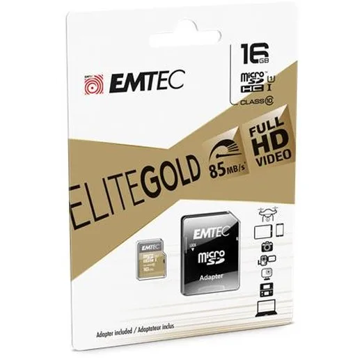 Pamäťová karta, microSDHC, 16GB, UHS-I/U1, 85/20 MB/s, adaptér, EMTEC "Elite Gold"
