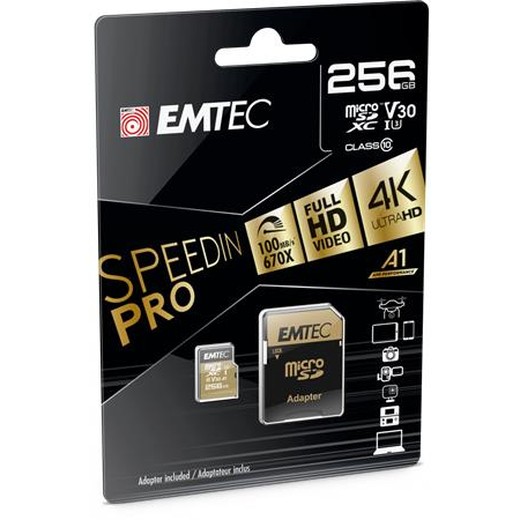 Pamäťová karta, microSDXC, 256GB, UHS-I/U3/V30/A2, 100/95 MB/s, adaptér, EMTEC "SpeedIN"
