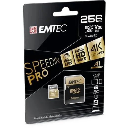 Pamäťová karta, microSDXC, 256GB, UHS-I/U3/V30/A2, 100/95 MB/s, adaptér, EMTEC "SpeedIN"