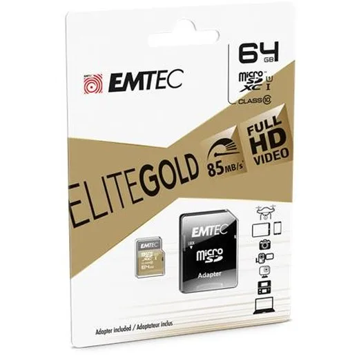 Pamäťová karta, microSDXC, 64GB, UHS-I/U1, 85/20 MB/s, adaptér, EMTEC "Elite Gold"