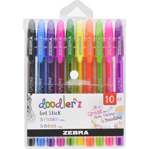 Gélové pero, sada, 0,33 mm, s uzáverom, ZEBRA "Doodler`z Neon & Fashion", mix 10 farieb