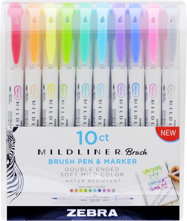Fixky, sada, 0,5/0,7 mm, s dvomi hrotmi, ZEBRA "Mildliner Brush&Marker", 10  rôznych farieb