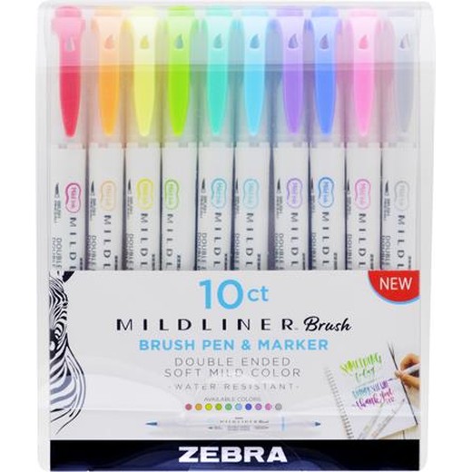 Fixky, sada, 0,5/0,7 mm, s dvomi hrotmi, ZEBRA "Mildliner Brush&Marker", 10 rôznych farieb