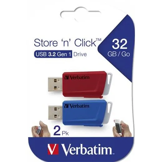 USB kľúč, 2 x 32GB, USB 3.2, 80/25MB/sec, VERBATIM "Store n Click", červená/modrá