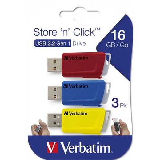 USB kľúč, 3 x 16GB, USB 3.2, 80/25MB/sec, VERBATIM "Store n Click", červená/modrá/žltá