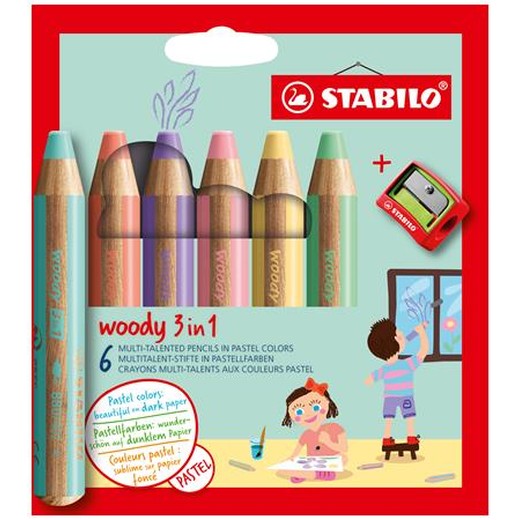 Farebná ceruzka, sada, hrubá, STABILO "Woody 3 in 1 Pastel", 6 rôznych pastelových farieb