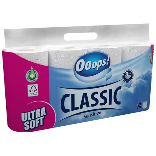 Toaletný papier, 3-vrstvový, malý kotúč, 8 kotúčov, OOOPS "Classic", sensitive