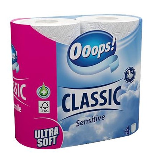Toaletný papier, 3-vrstvový, malý kotúč, 4 kotúče, OOOPS "Classic", sensitive