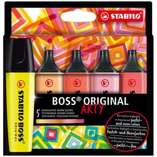 Zvýrazňovač, sada, 2-5 mm, STABILO "BOSS original Arty", 5 teplých farieb