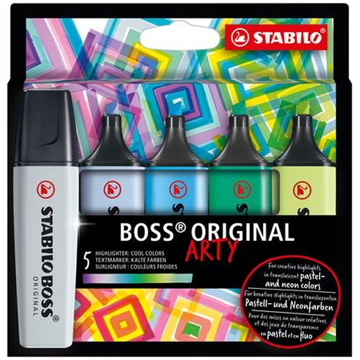 Zvýrazňovač, sada, 2-5 mm, STABILO "BOSS original Arty", 5 studených farieb