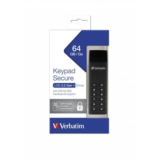 USB kľúč, 64GB, USB 3.2, šifrované, 160/130Mb/s, VERBATIM "Keypad Secure"