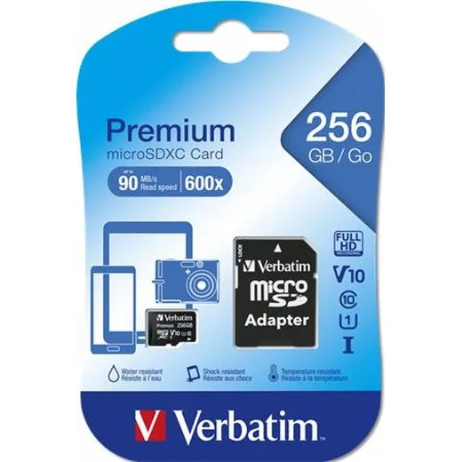 Pamäťová karta, microSDXC, 256GB CL10/U1, 90/10 MB/s, adapter, VERBATIM "Premium"