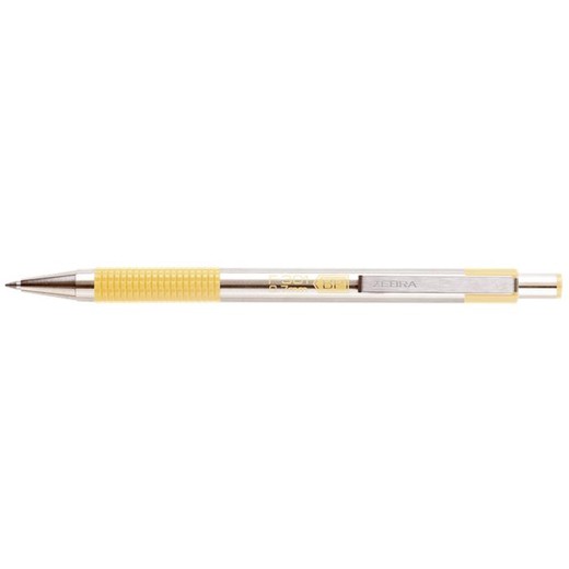 Guľôčkové pero, 0,24 mm, stláčací mechanizmus, nerezová oceľ, farba tela: pastelová žltá, ZEBRA "F-301", modré