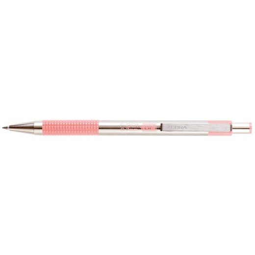 Guľôčkové pero, 0,24 mm, stláčací mechanizmus, nerezová oceľ, farba tela: pastelová ružová, ZEBRA "F-301", modré
