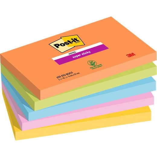 Samolepiaci bloček, 76x127 mm, 5x90 listov, 3M POSTIT "Super Sticky Boots", mix farieb