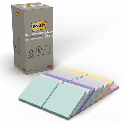 Samolepiaci bloček, 76x76 mm, 16x100 listov, ekologický, 3M POSTIT "Nature", mix pastelových farieb