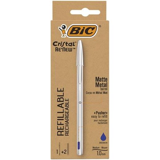 Guľôčkové pero, 0,32 mm, s vrchnákom, matné strieborné telo pera, BIC "Cristal Re`New", modré + náplň