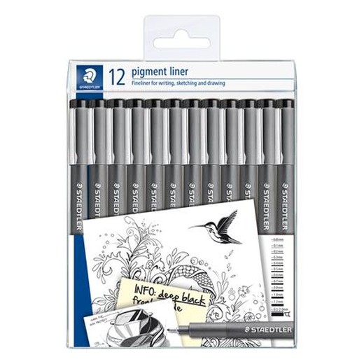 Liner, sada, 12 rôznych hrúbok, STAEDTLER "Pigment Liner 308", čierna