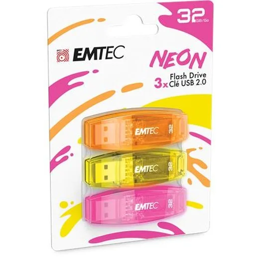 USB kľúč, 32GB, 3 ks, USB 2.0, EMTEC "C410 Neon", oranžová, žltá, ružová