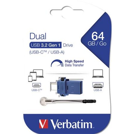 USB kľúč, 64GB, USB 3.2+USB-C adapter, VERBATIM "Dual"