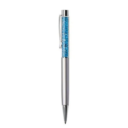 Guľôčkové pero, strieborné, vrch plnené aqua modrým SWAROVSKI® krištáľom, 14 cm, ART CRYSTELLA®