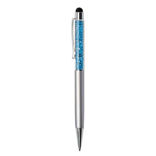 Guľôčkové pero, strieborné, vrch plnený aqua modrým SWAROVSKI® krištáľom, dotykové, 14 cm, ART CRYSTELLA®
